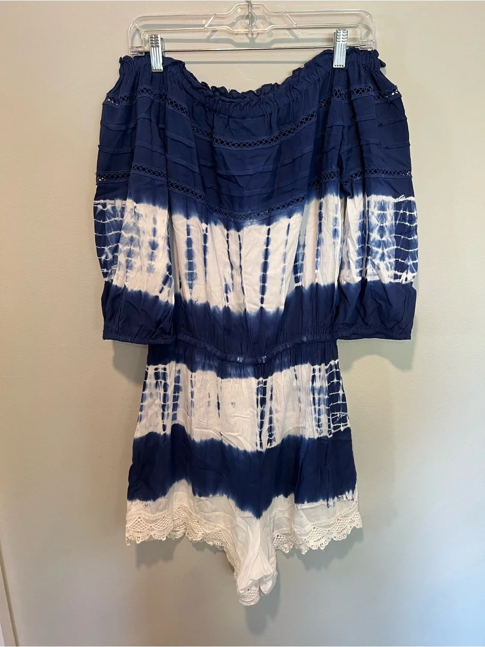 NWT Solitaire Swim Blue White Tie Dye Off Shoulder Romper XL